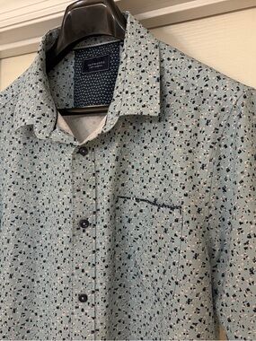 7 Diamonds 4-Way Stretch Button Up Shirt Mens L  Blue Geometric Wicking Casual